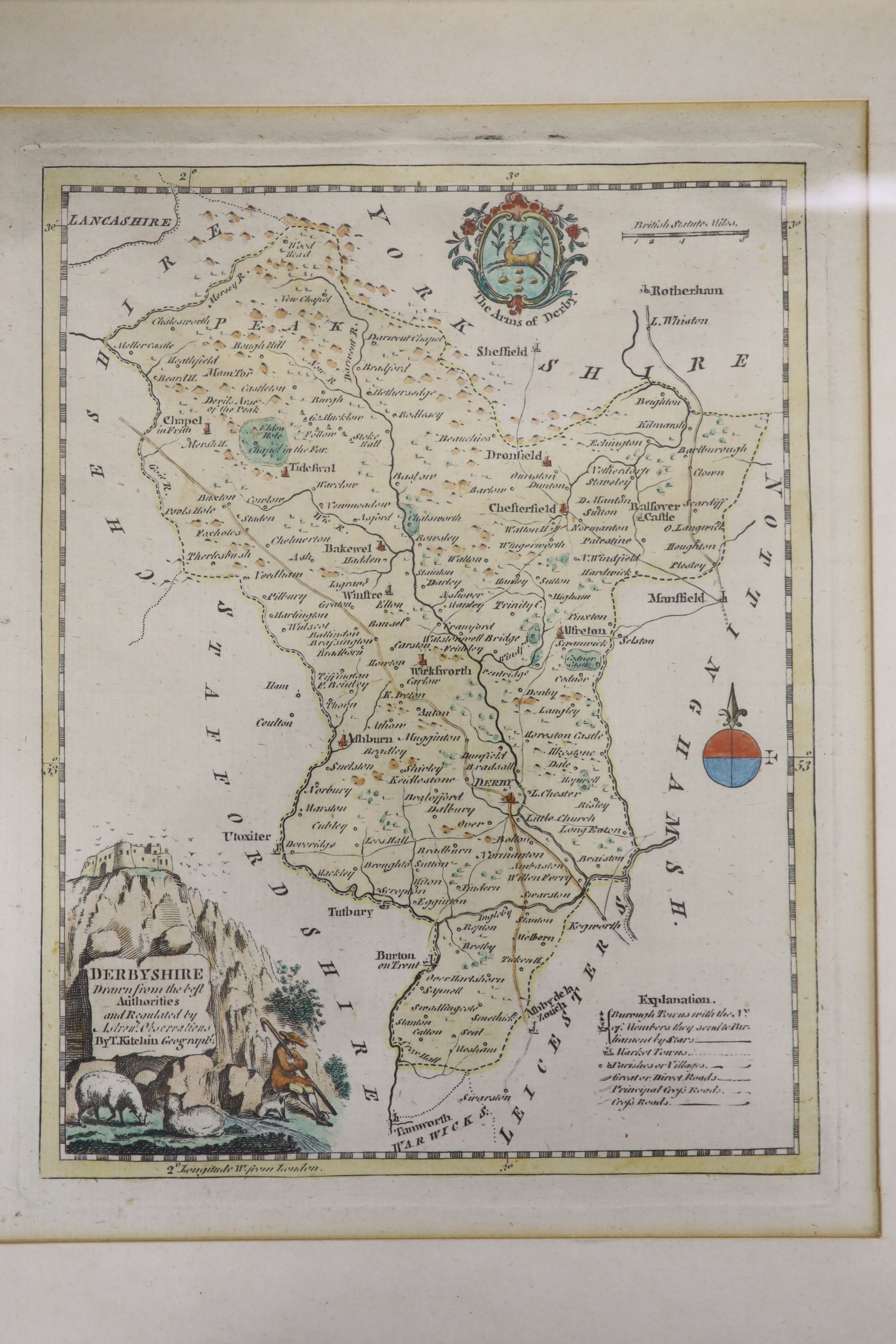 A Blome engraved Map of Surrey, 27 x 32cm, two other maps and engraving of Lantony Abbey